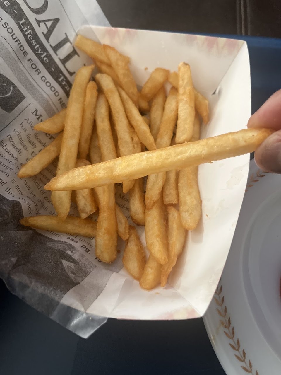 Fish and chips meal choices in a casual restaurant.