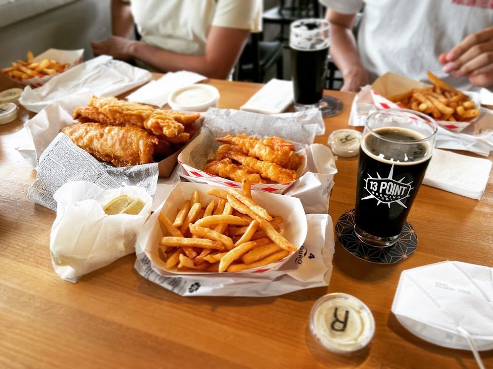 Chicken and seafood items on a quick-service menu.