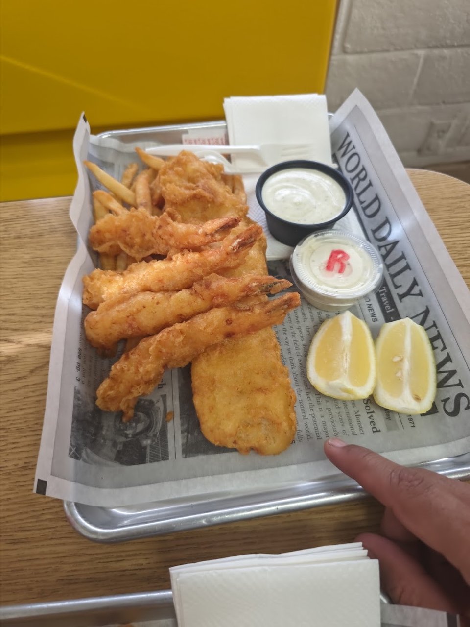 Fish and chips meal choices in a casual restaurant.
