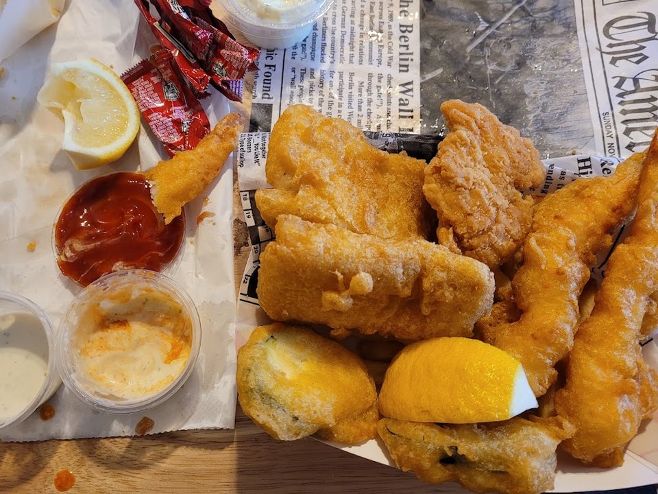 Chicken and seafood items on a quick-service menu.