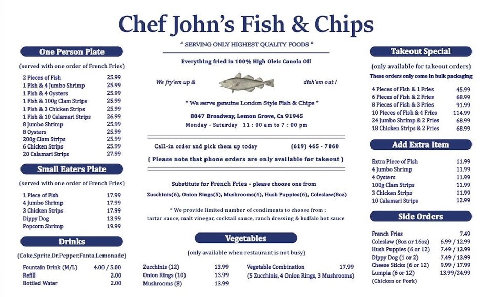 Menu board with fish, chips, and chicken options.