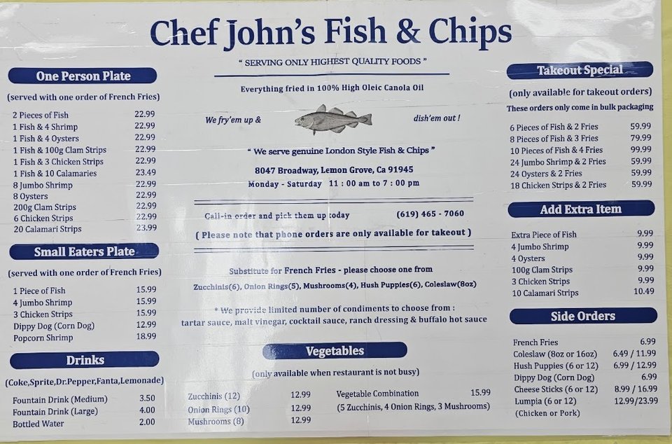 Fried seafood selections listed on a simple counter menu.