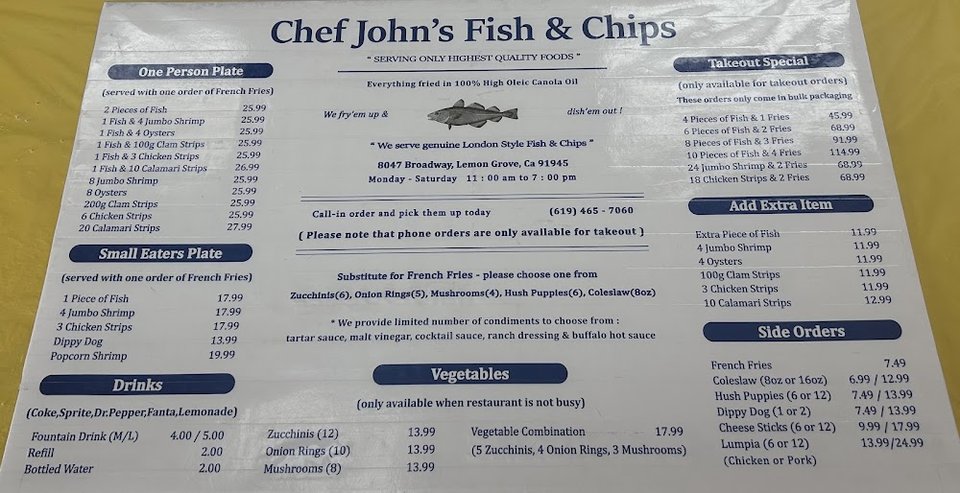 Fish and chips meal choices in a casual restaurant.