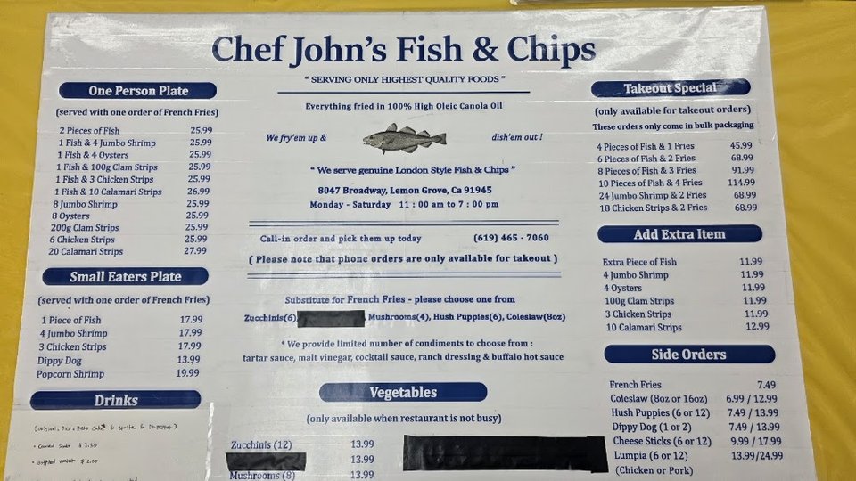 Chicken and seafood items on a quick-service menu.