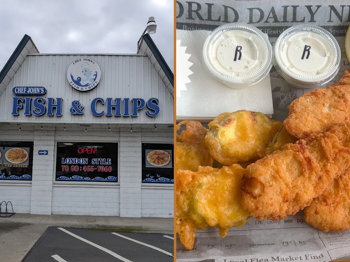 Fried fish and chips on a casual counter-serve tray.