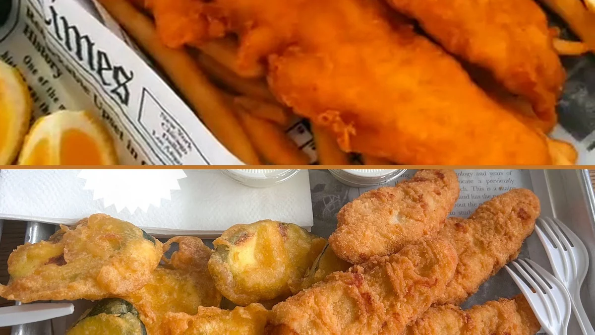 Crispy fried seafood served in a paper-lined basket.