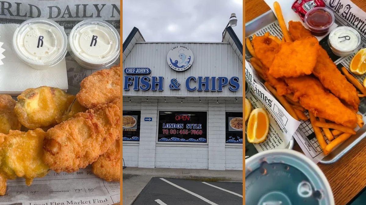 Fried fish and chips on a casual counter-serve tray.