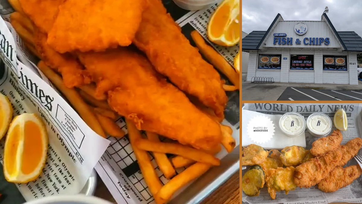 Crispy fried seafood served in a paper-lined basket.